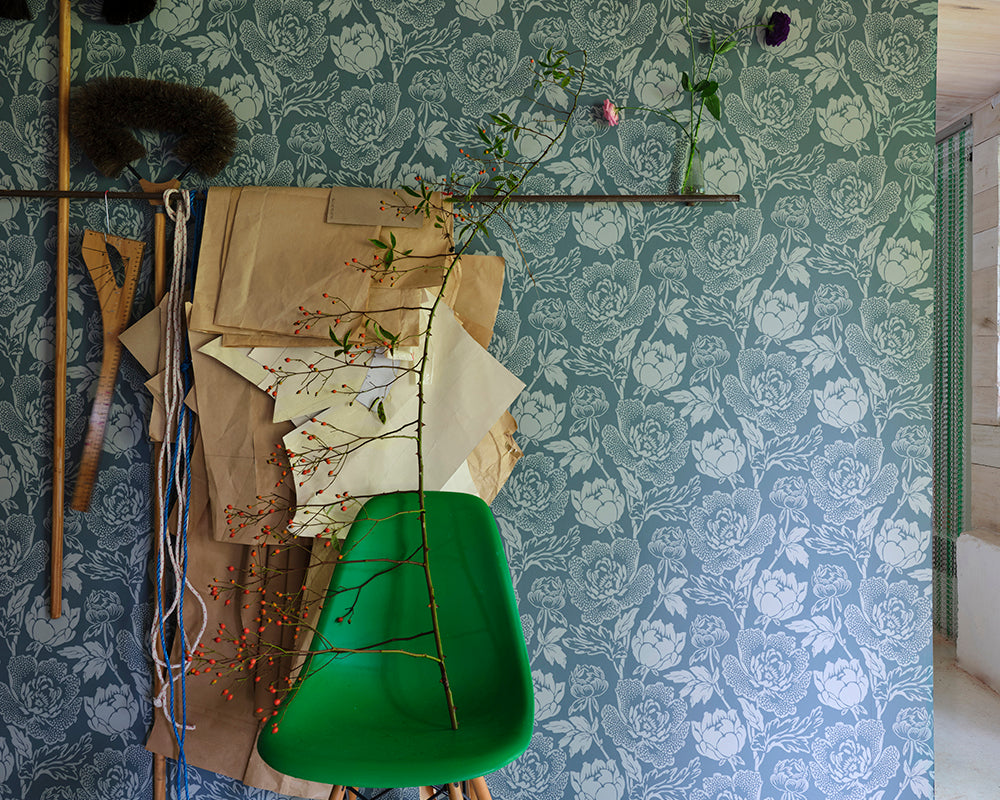 Farrow and Ball Peony Wallpaper 2323 on a feature wall