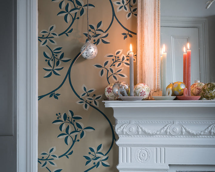 Farrow and Ball Ringwold Wallpaper 1649 in a living room with fireplace