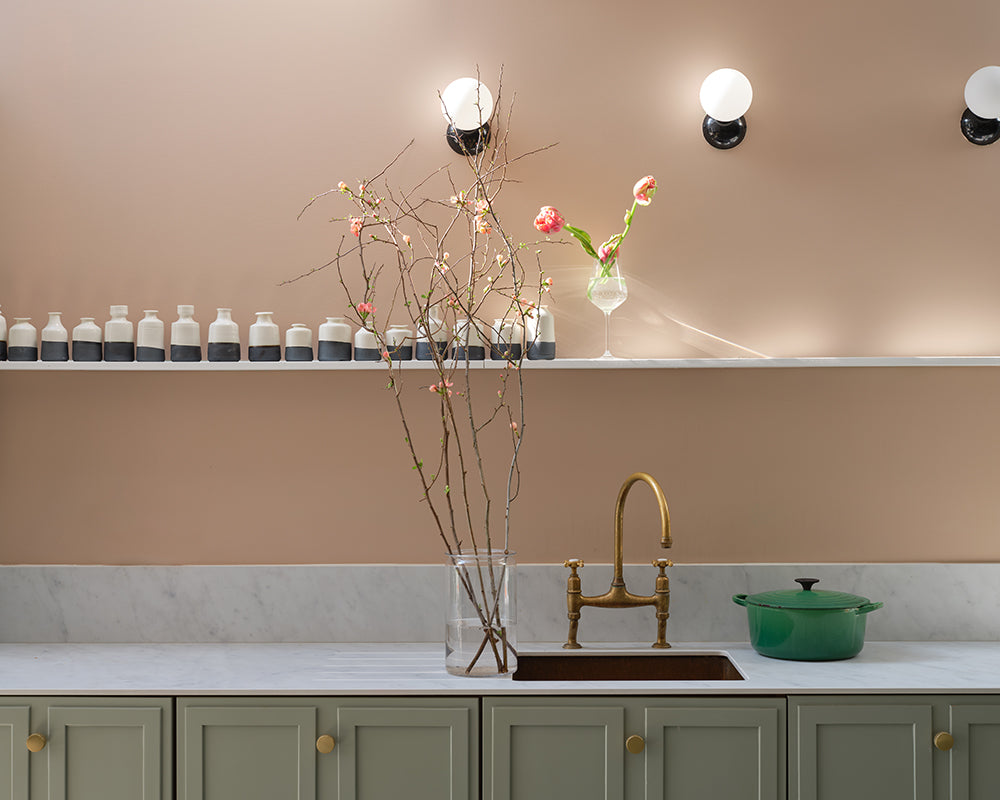 Templeton Pink 303 paint by Farrow & Ball on the walls of a kitchen