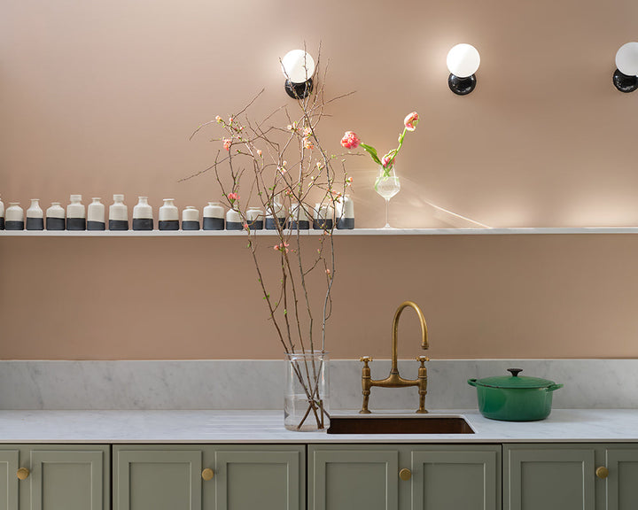 Templeton Pink 303 paint by Farrow & Ball on the walls of a kitchen