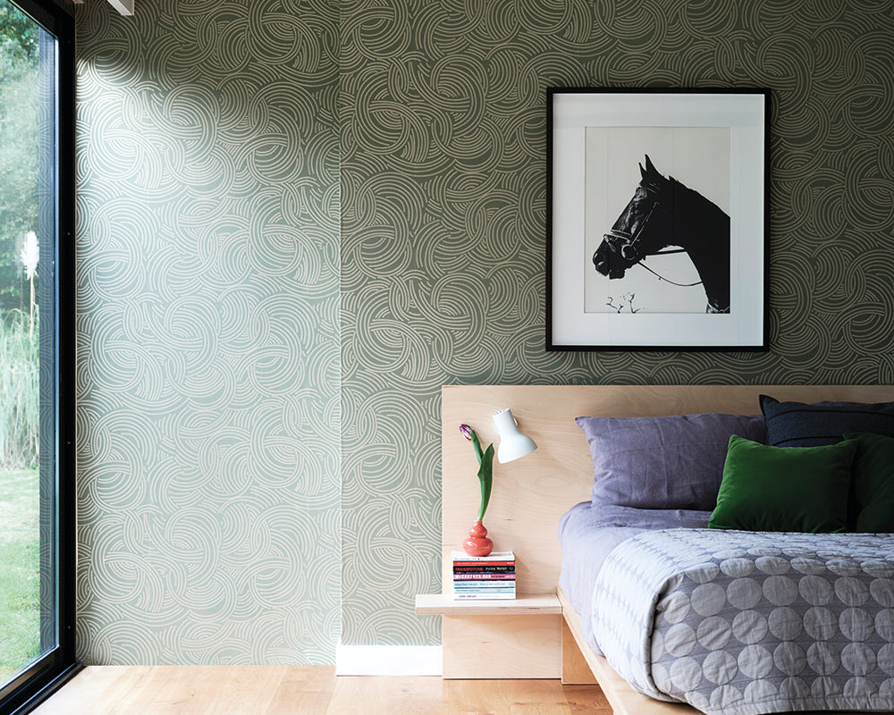 Farrow and Ball Tourbillon Wallpaper 4808 in a contemporary bedroom
