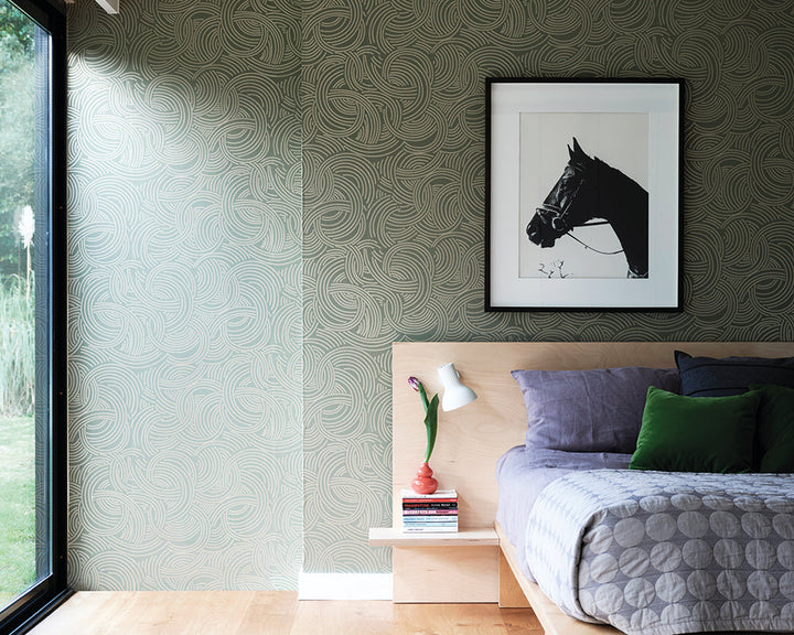 Farrow and Ball Tourbillon Wallpaper 4808 in a contemporary bedroom