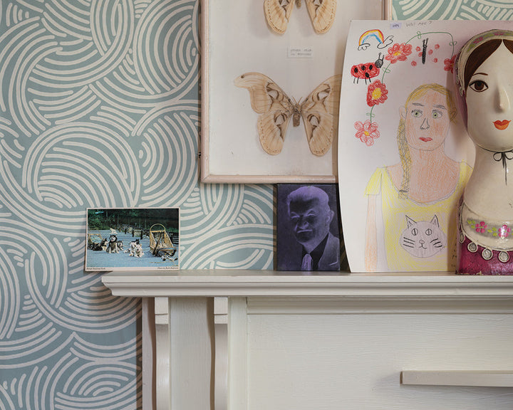 Farrow and Ball Tourbillon Wallpaper 4805 with a fireplace