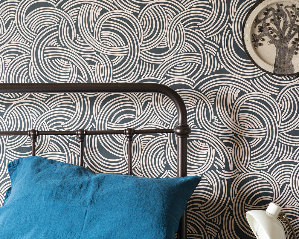 Farrow and Ball Tourbillon Wallpaper 4807 in a bedroom