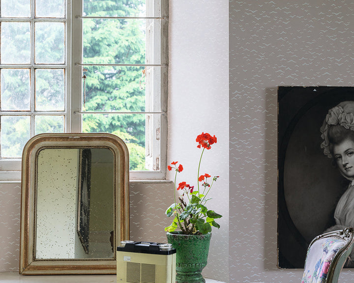 Farrow and Ball Yukutori Wallpaper 4302 with a mirror and furnishings