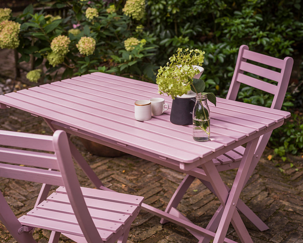 Cinder Rose 246 paint by Farrow & Ball on wooden garden furniture
