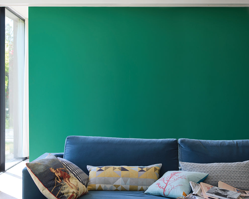 Farrow & Ball Verdigris Green W50 Paint in a living room
