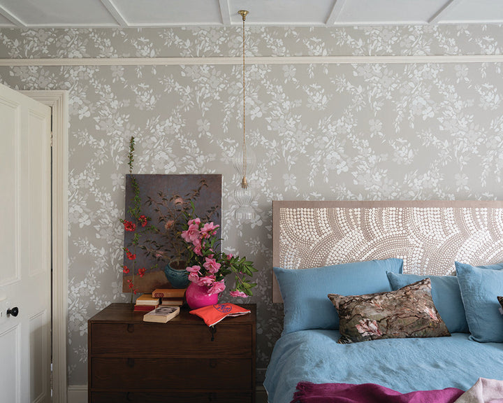 Farrow and Ball Hegemone Wallpaper 5701 in a characterful bedroom