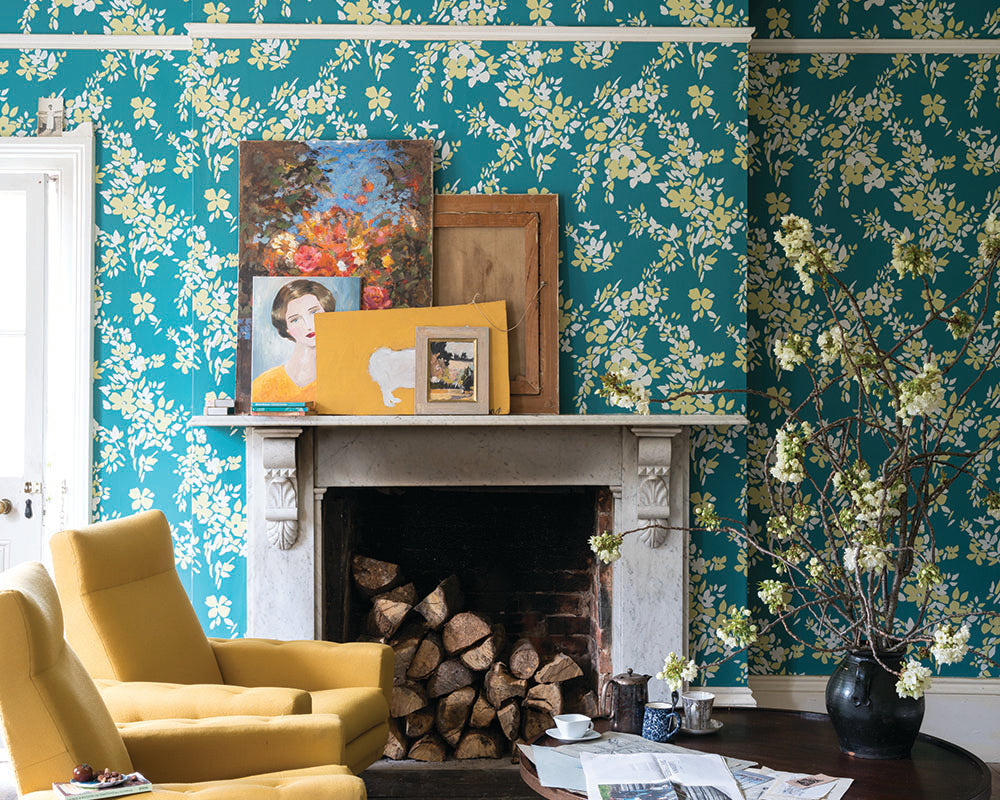 Farrow and Ball Hegemone Wallpaper 5705 in a living space with chairs