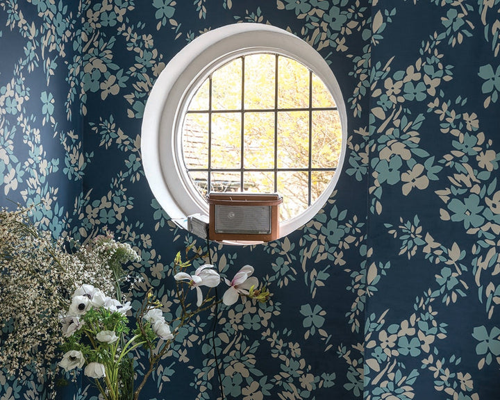Farrow and Ball Hegemone Wallpaper 5706 with a circular window