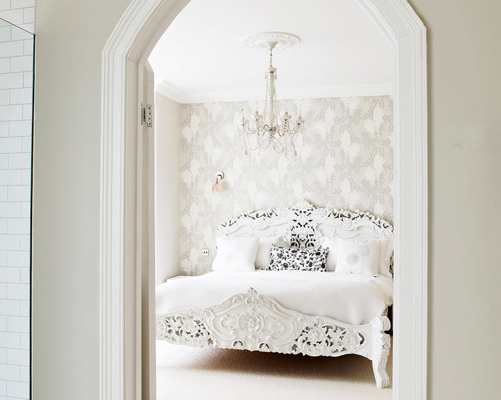 Farrow and Ball Wisteria Wallpaper 2201 in a bedroom