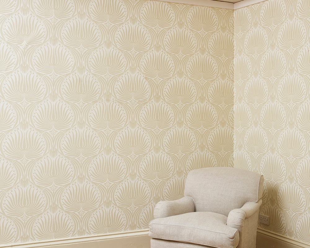 Farrow and Ball Lotus Wallpaper 2003 in a room with a chair