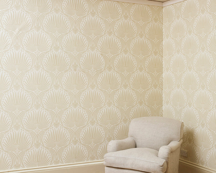 Farrow and Ball Lotus Wallpaper 2003 in a room with a chair
