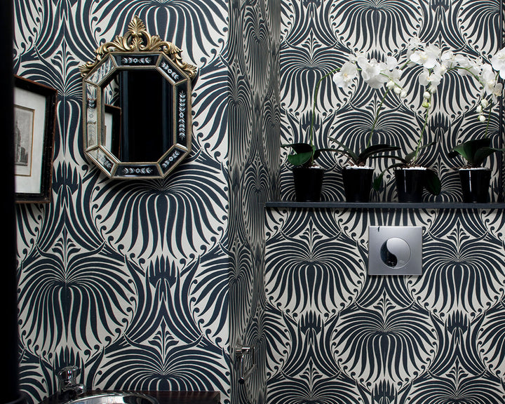 Farrow and Ball Lotus Wallpaper 2019 in a bathroom 