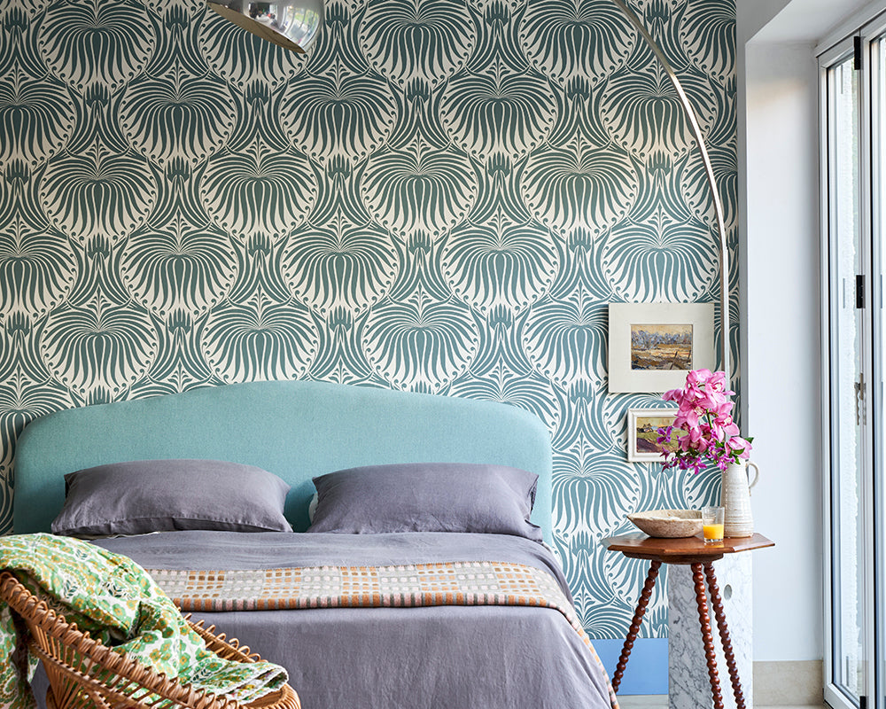 Farrow and Ball Lotus Wallpaper 2053 in a bedroom