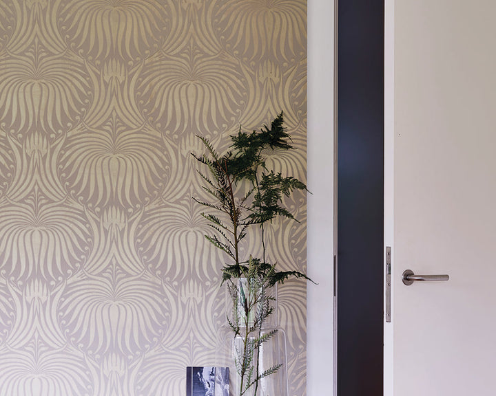 Farrow and Ball Lotus Metallic Wallpaper 2066 in a room with flowers