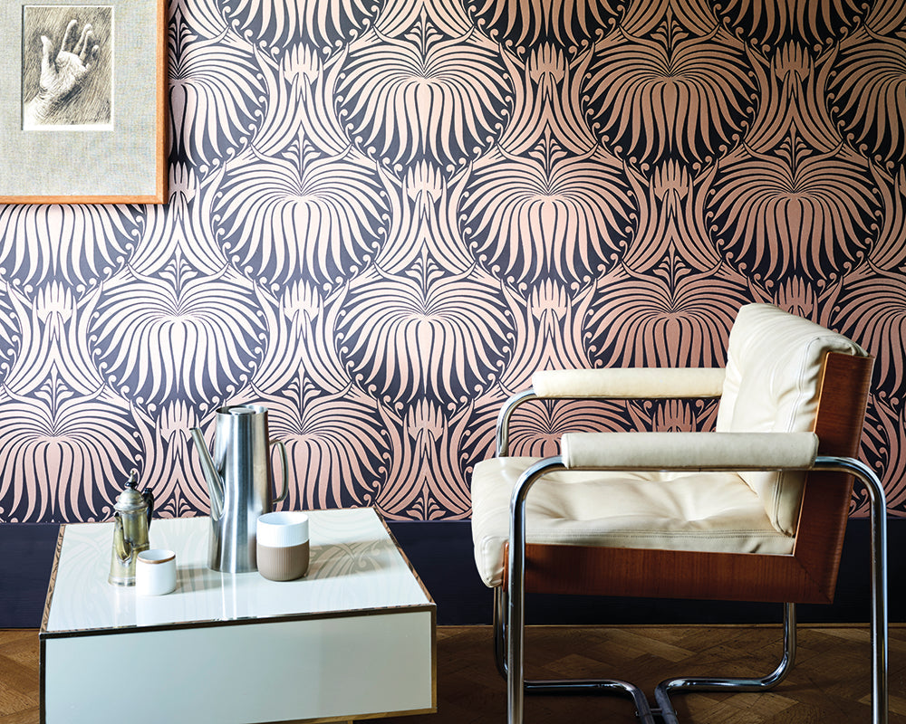 Farrow and Ball Lotus Metallic Wallpaper 2068 in a living space with retro furnishings