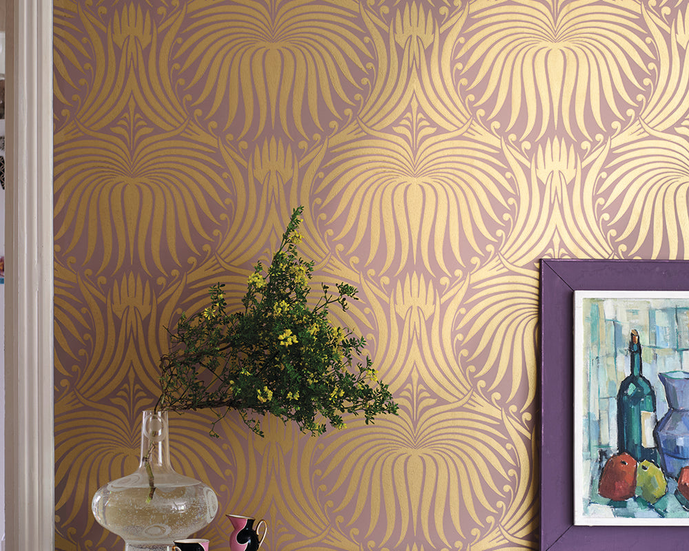Farrow and Ball Lotus Metallic Wallpaper 2070 on a wall with a painting
