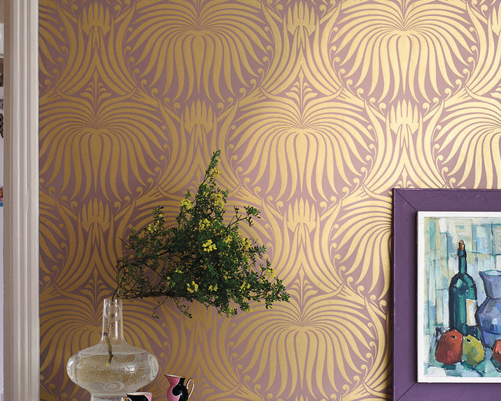 Farrow and Ball Lotus Metallic Wallpaper 2070 on a wall with a painting