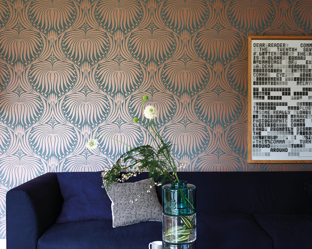 Farrow and Ball Lotus Metallic Wallpaper 2071 in a living space
