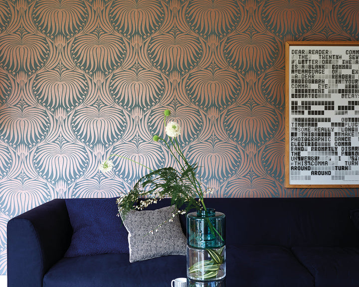 Farrow and Ball Lotus Metallic Wallpaper 2071 in a living space