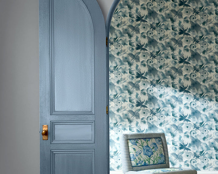 Harlequin Flores Wide Width Wallpaper shown through a doorway 