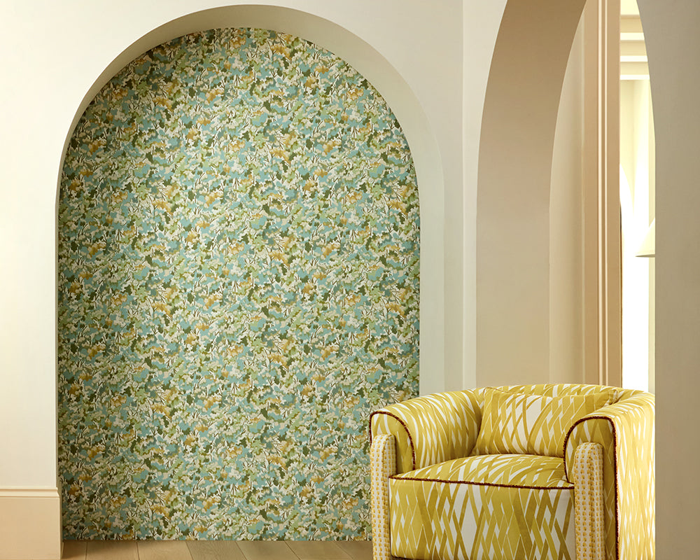 Harlequin Tree Tops Wallpaper used a sa feature in an arched alcove