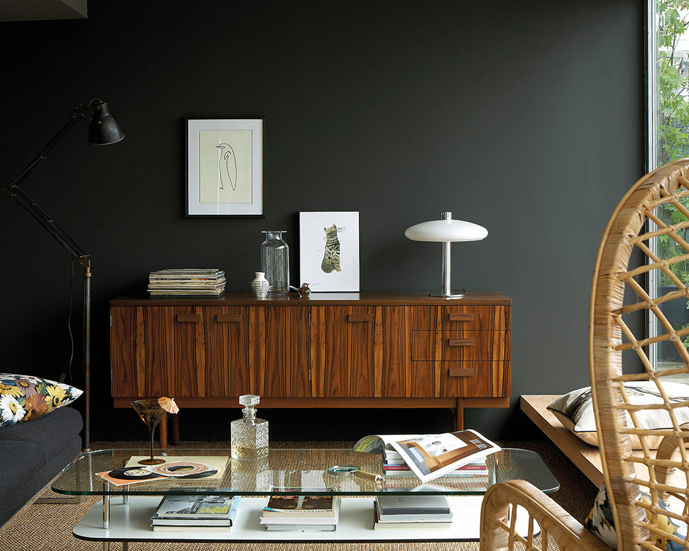 Little Greene Obsidian Green 216 Paint in a mid century modern living space