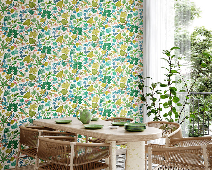 OHPOPSI Lush Leaves Wallpaper in Fresh Fern used as a feature in a Dining room