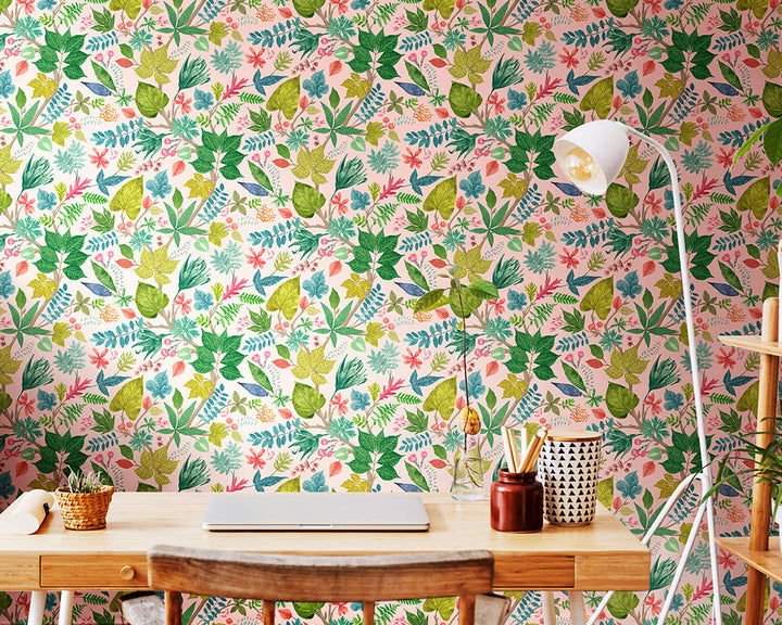 OHPOPSI Lush Leaves Wallpaper in Watermelon in a home office