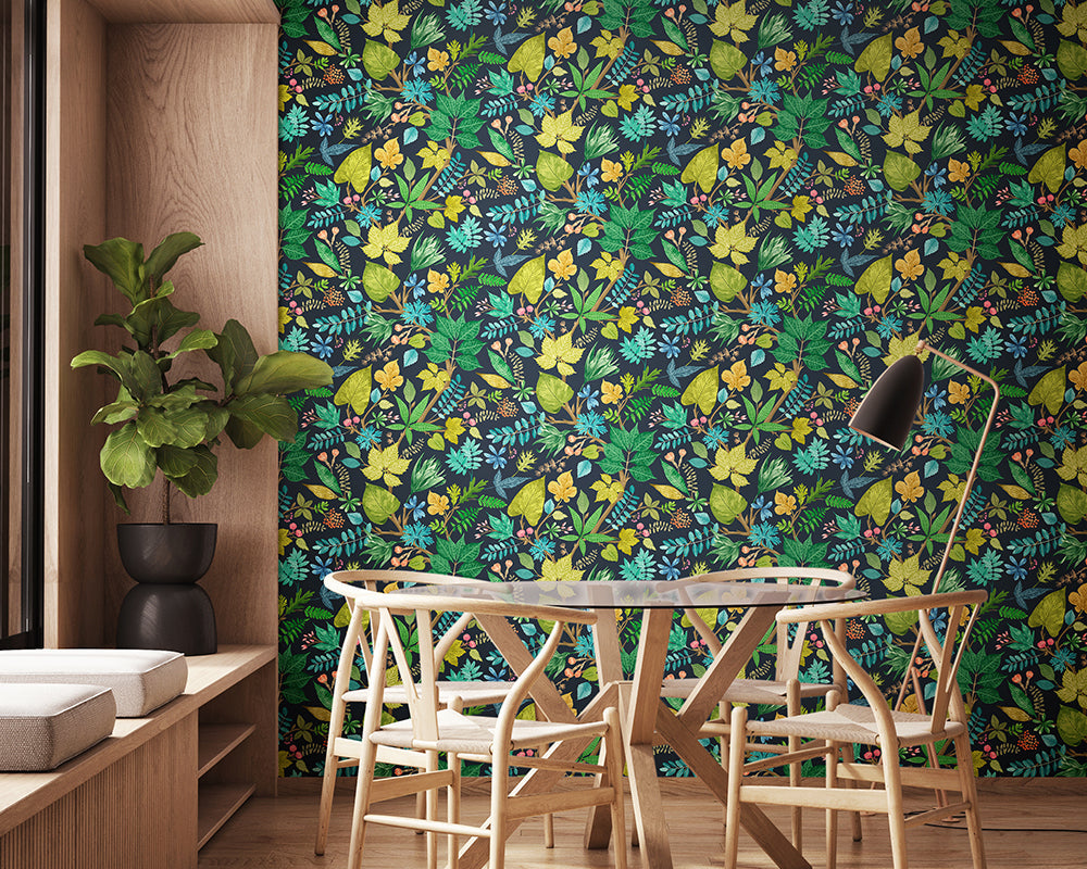 OHPOPSI Lush Leaves Wallpaper in Midnight Garden in a dining room