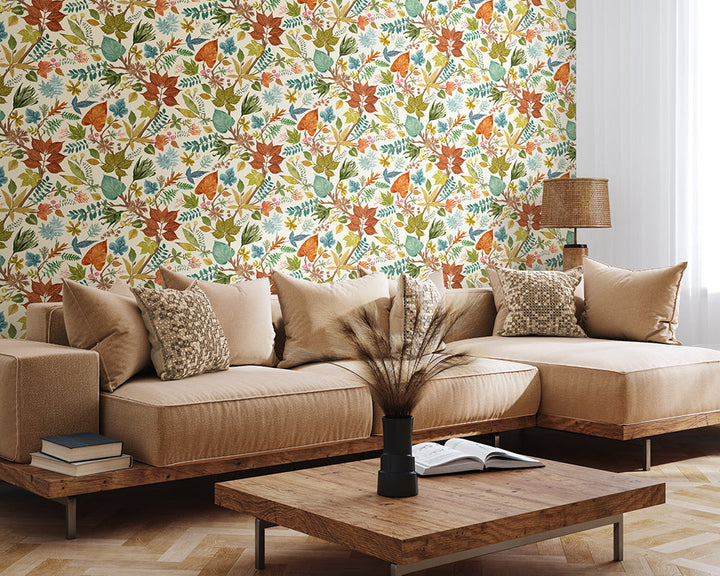 OHPOPSI Lush Leaves Wallpaper used as a feature wall in a living room