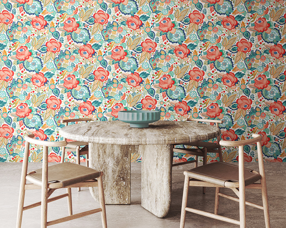 OHPOPSI Emily Rose Wallpaper in Coral in a modern dining room