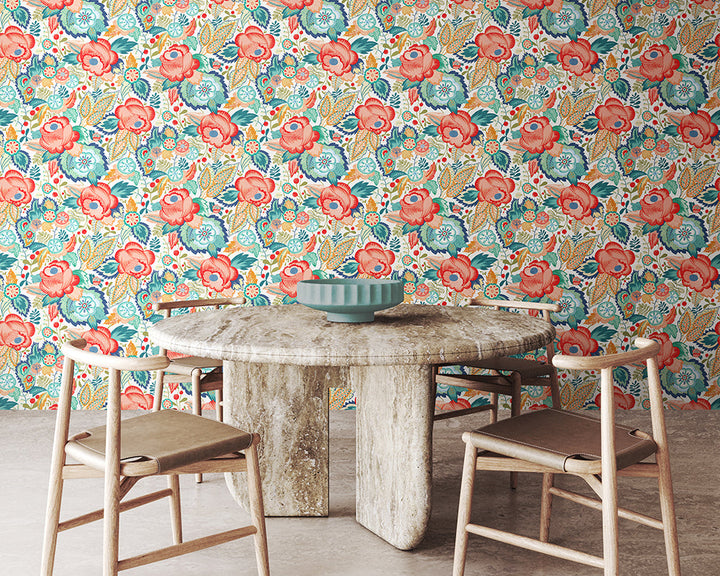 OHPOPSI Emily Rose Wallpaper in Coral in a modern dining room