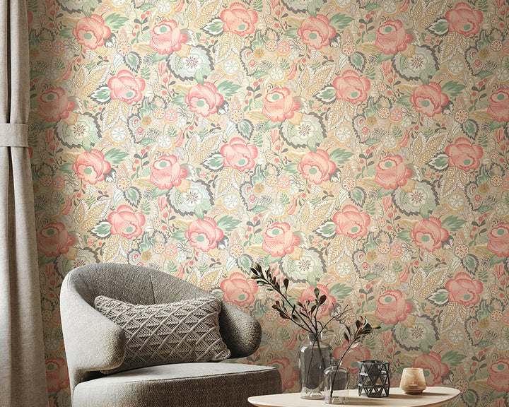 OHPOPSI Emily Rose Wallpaper in Mint & Peach in a rustic bedroom