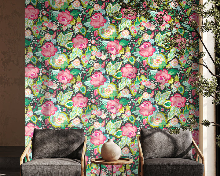 OHPOPSI Emily Rose Wallpaper in Ebony & Citrus in a modern hallway