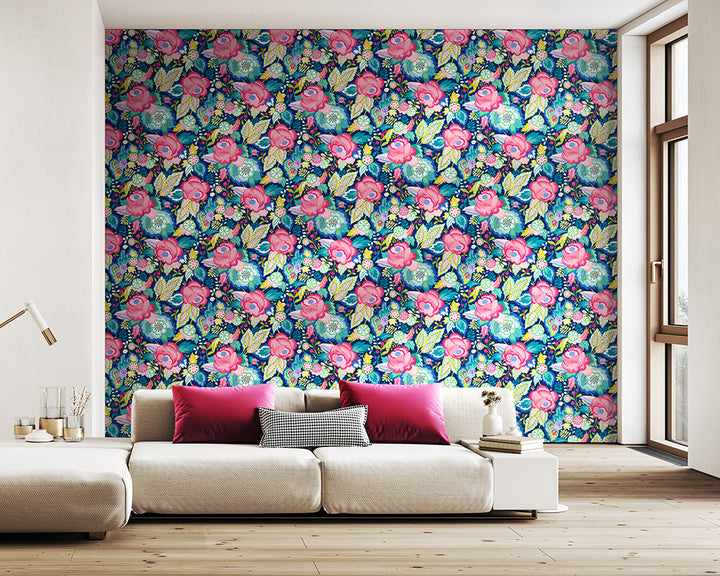 OHPOPSI Emily Rose Wallpaper in Cornflower mix used in a modern living space