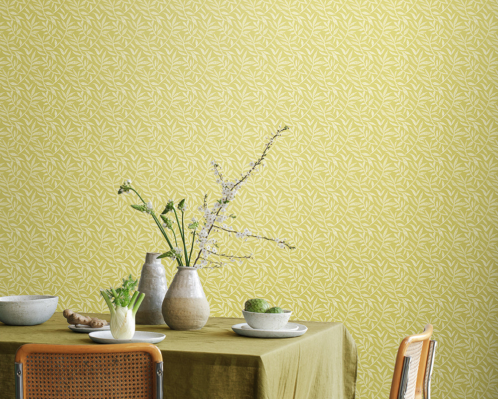 OHPOPSI Dotty Leaf Wallpaper in Fern used in a modern dining room