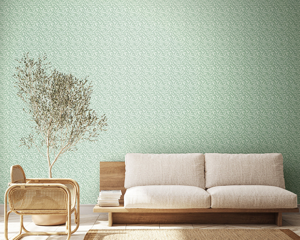 OHPOPSI Dotty Leaf Wallpaper in Seafoam in a clean and modern living room