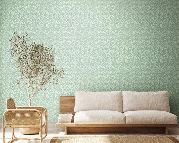 OHPOPSI Dotty Leaf Wallpaper in Seafoam in a clean and modern living room