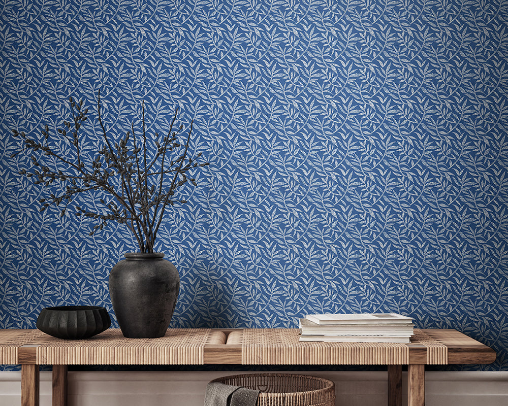 OHPOPSI Dotty Leaf Wallpaper in Royal used in a modern hallway