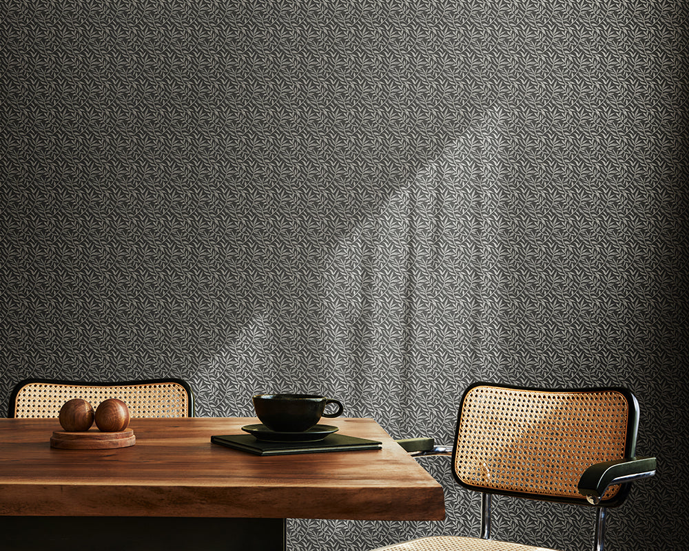 OHPOPSI Dotty Leaf Wallpaper in Charcoal in a modern dining room