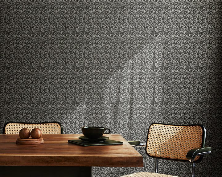 OHPOPSI Dotty Leaf Wallpaper in Charcoal in a modern dining room