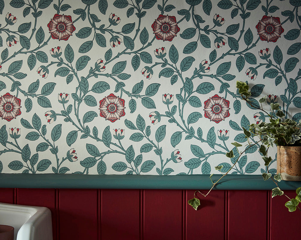 Little Greene Baked Cherry 14 Paint with wallpaper