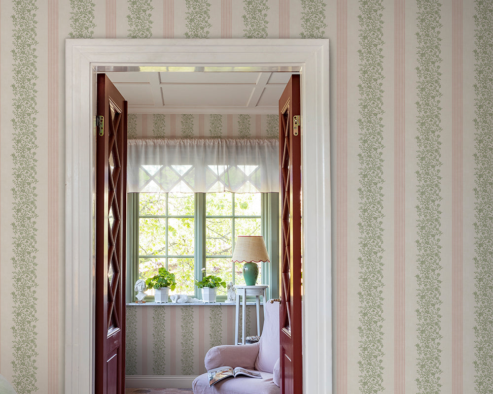 Sandberg Natalie Wallpaper in a decorative interior with a view into a sunlit room.