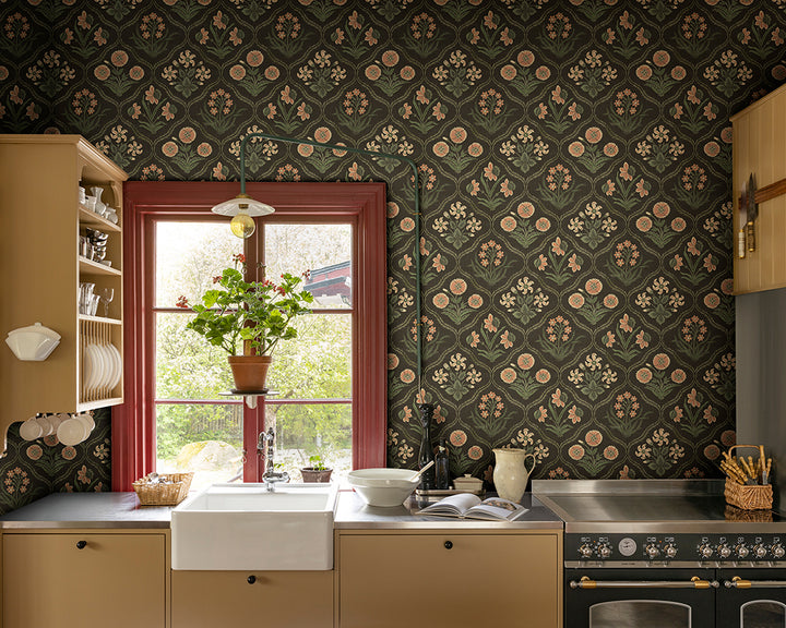 Sandberg Rosa Wallpaper in a kitchen with  window, and various kitchen items.