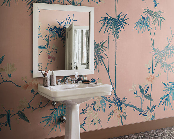 Sandberg Bamboo Grove Wallpaper in Pink in a bathroom set up