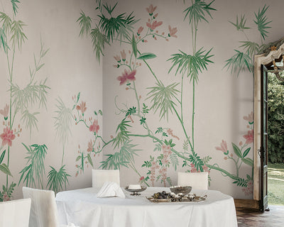 Sandberg Bamboo Grove Wallpaper in Green in a dinning room set up