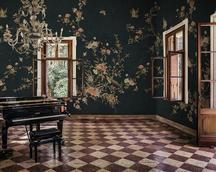 Sandberg Chinoiserie Garden Wallpaper in Dark Blue in a dinning room set up
