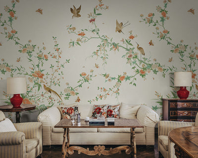 Sandberg Bloom Wallpaper in Spring Green in a living room set up